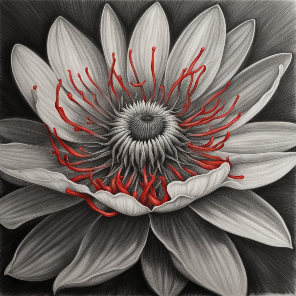 Hyperdetailed Charcoal Drawing of a Scarlet Flower