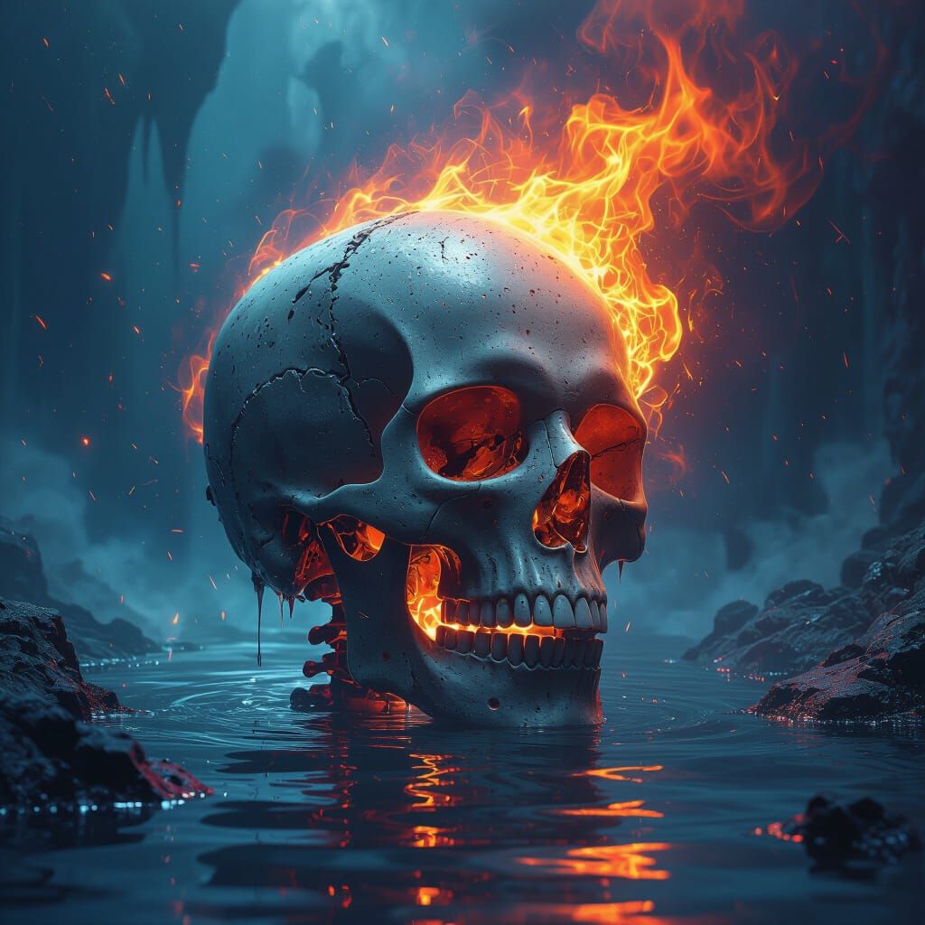 Skeleton in Ancient Water with Fiery Skull