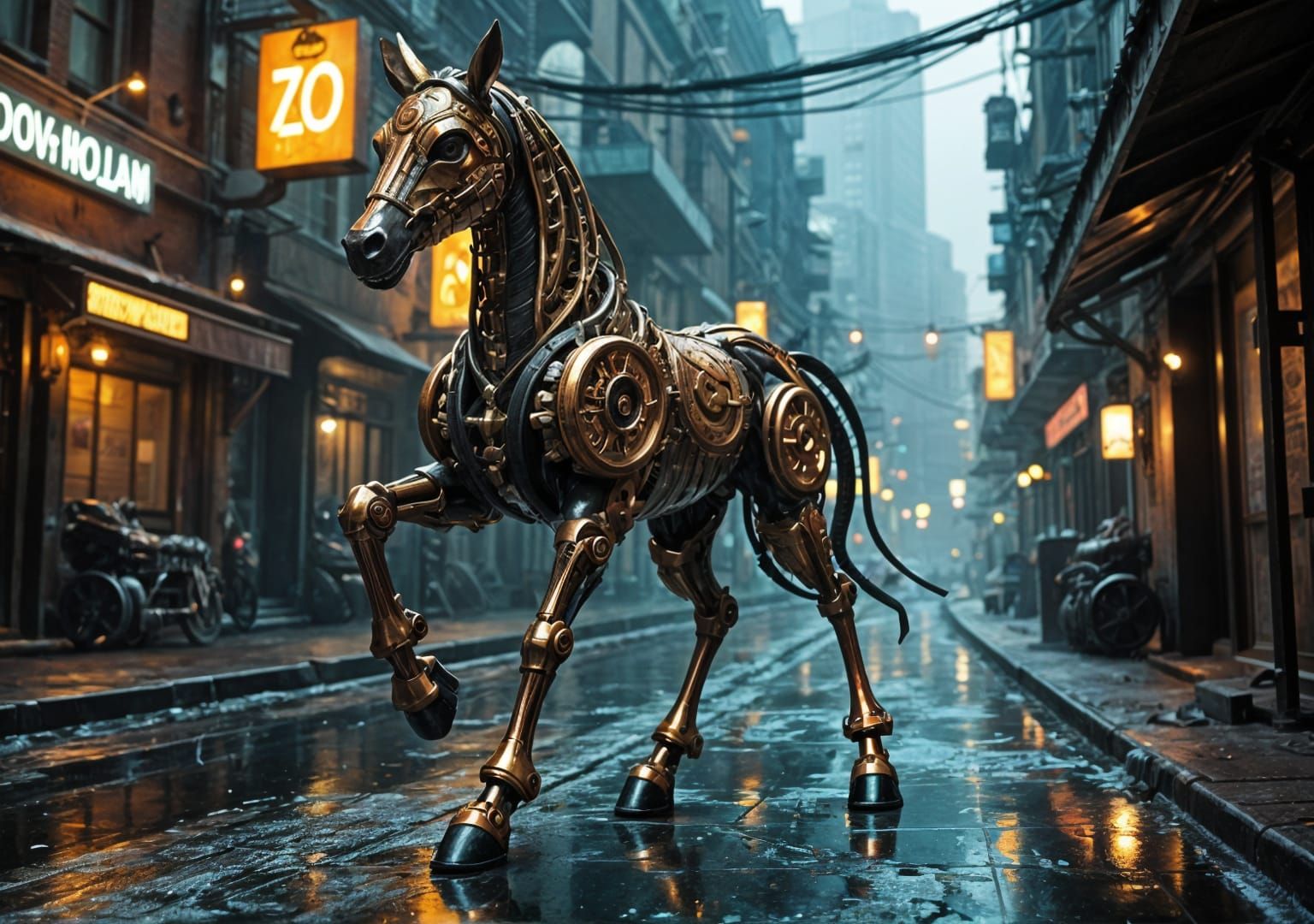 Clockwork Centaurs Roam Dystopian Cityscape