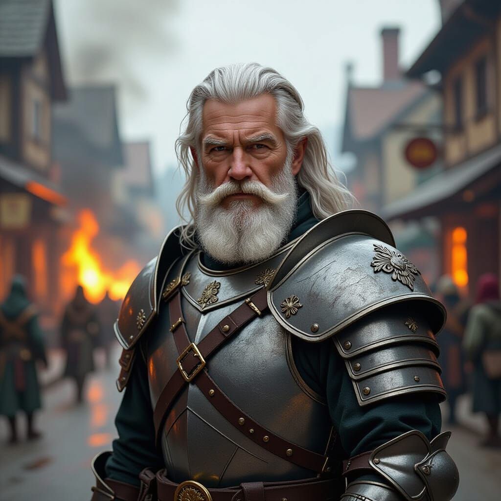 Armored Elderly Man Defends Burning Town