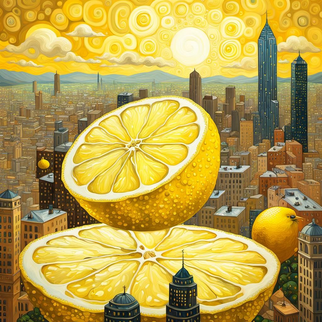 Lemon Cityscape in Klimt-Inspired Digital Art