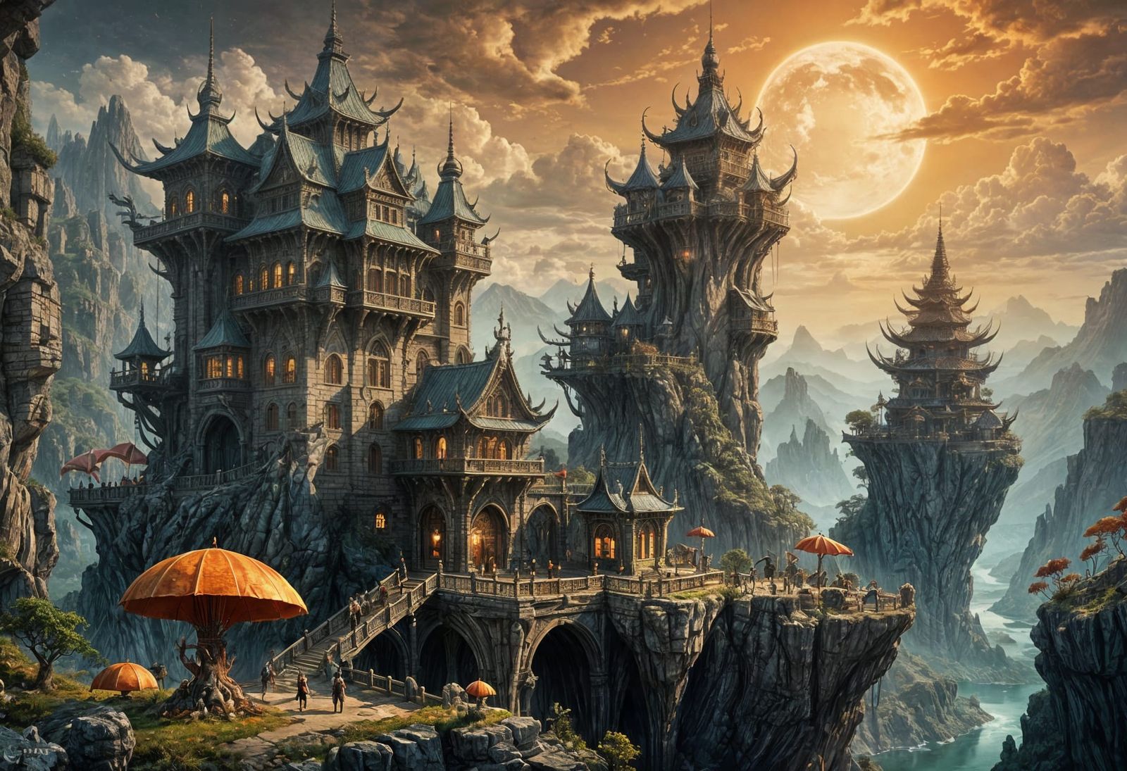 Surreal Dragons Encaged in a Glowing Rock Fortress