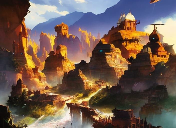 Valley Village with Supernatural Fauna in Fantasy Art Style