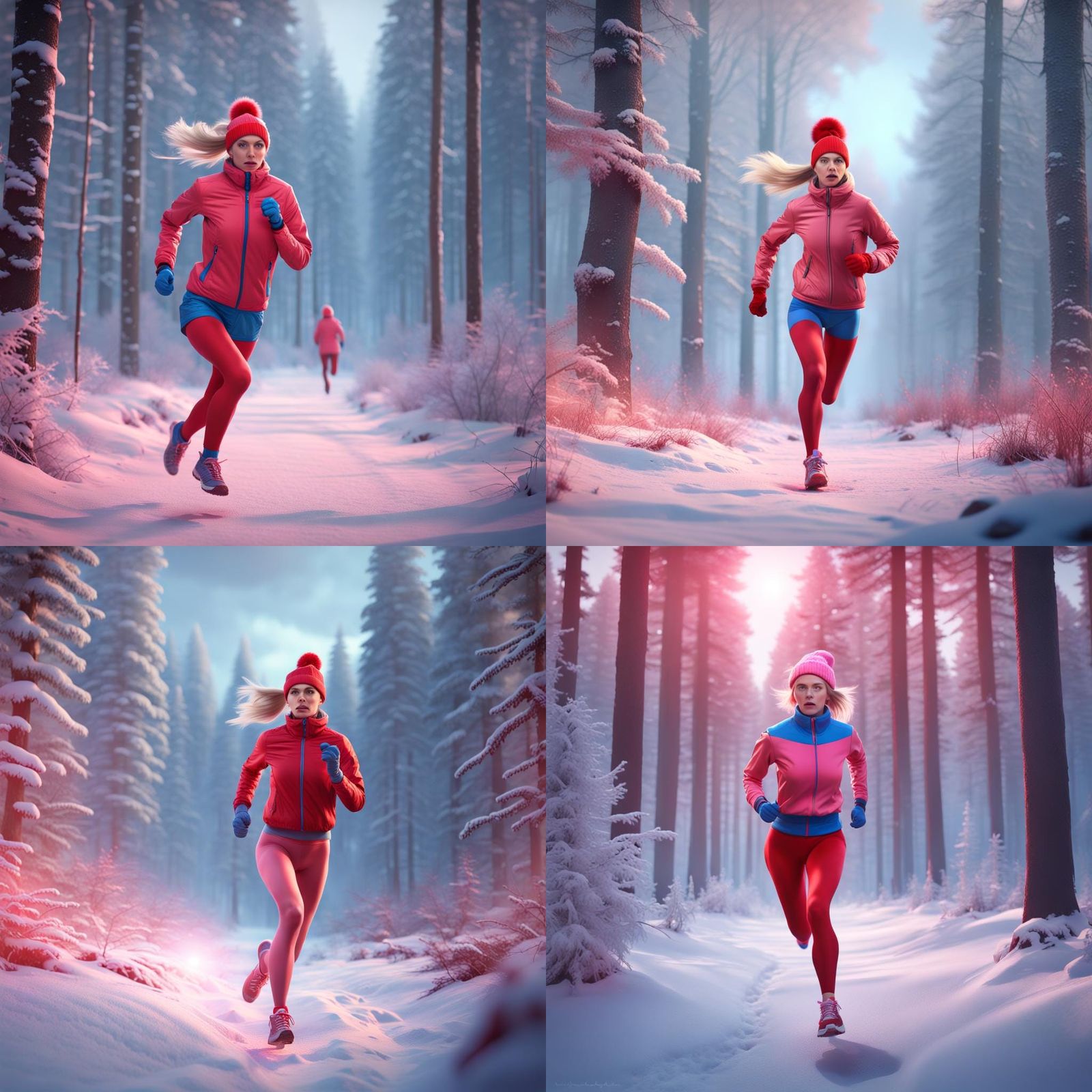 Woman Running from UFO in Winter Forest: Fantasy Art