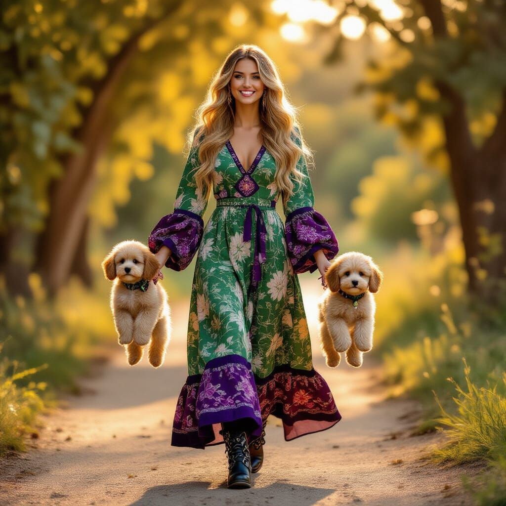 Woman with Golden Hair and Puppies in Warm Sunlight