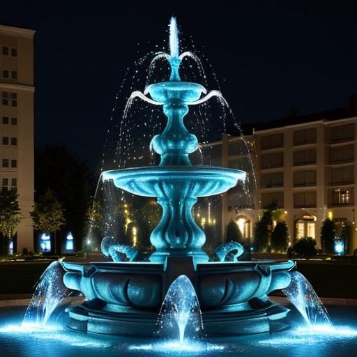 Illuminated Multi-Tiered Fountain in Urban Nightscape
