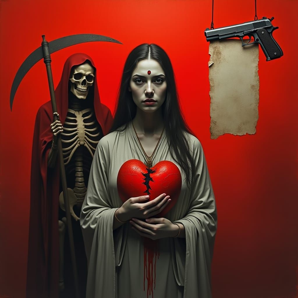 Monochromatic Woman with Broken Heart and Ominous Figure