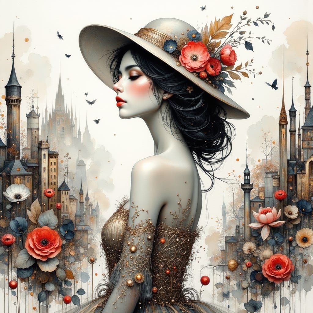 Surreal Woman in Hat, Whimsical Ink Painting