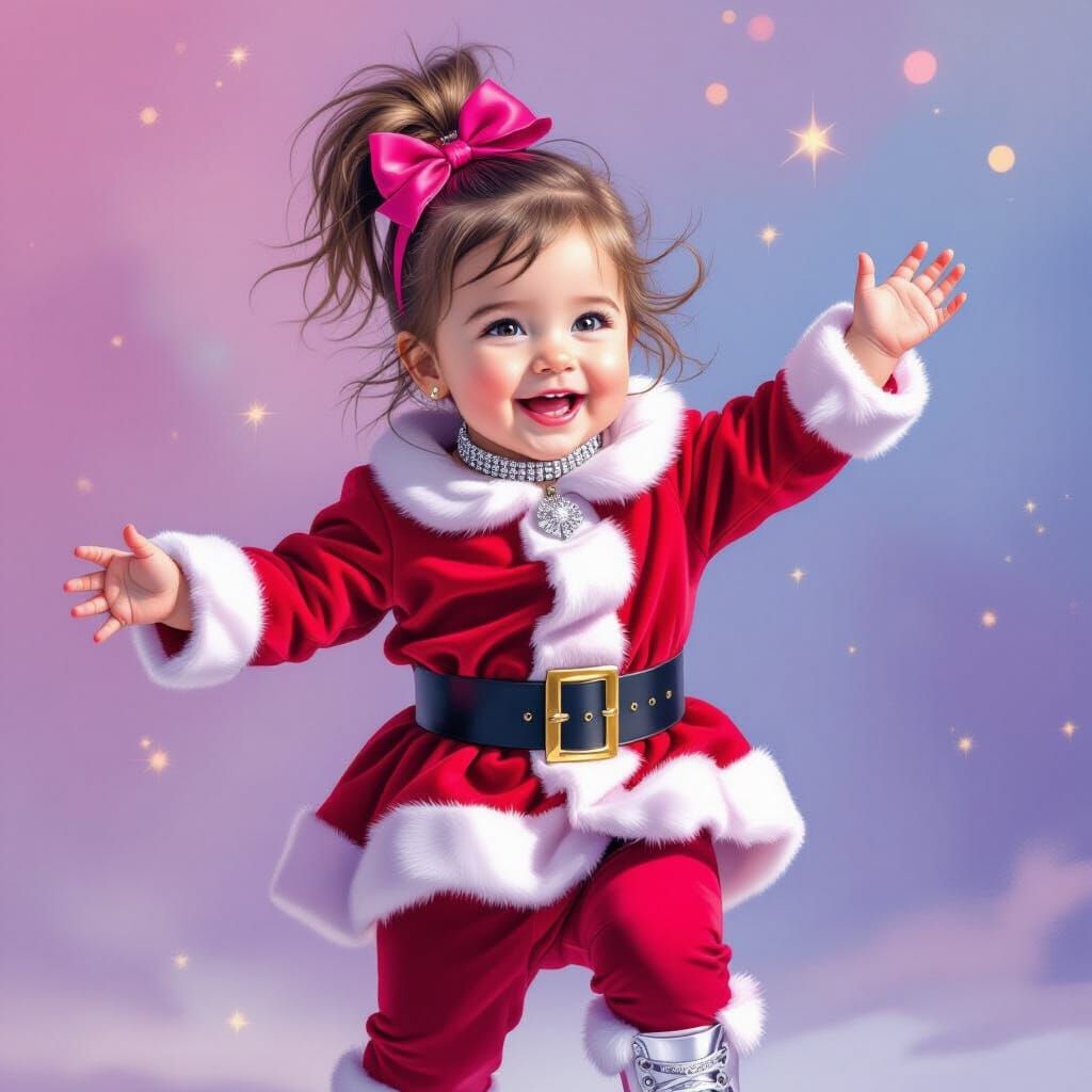 Toddler Girl Dances Joyfully in Sparkly Santa Outfit