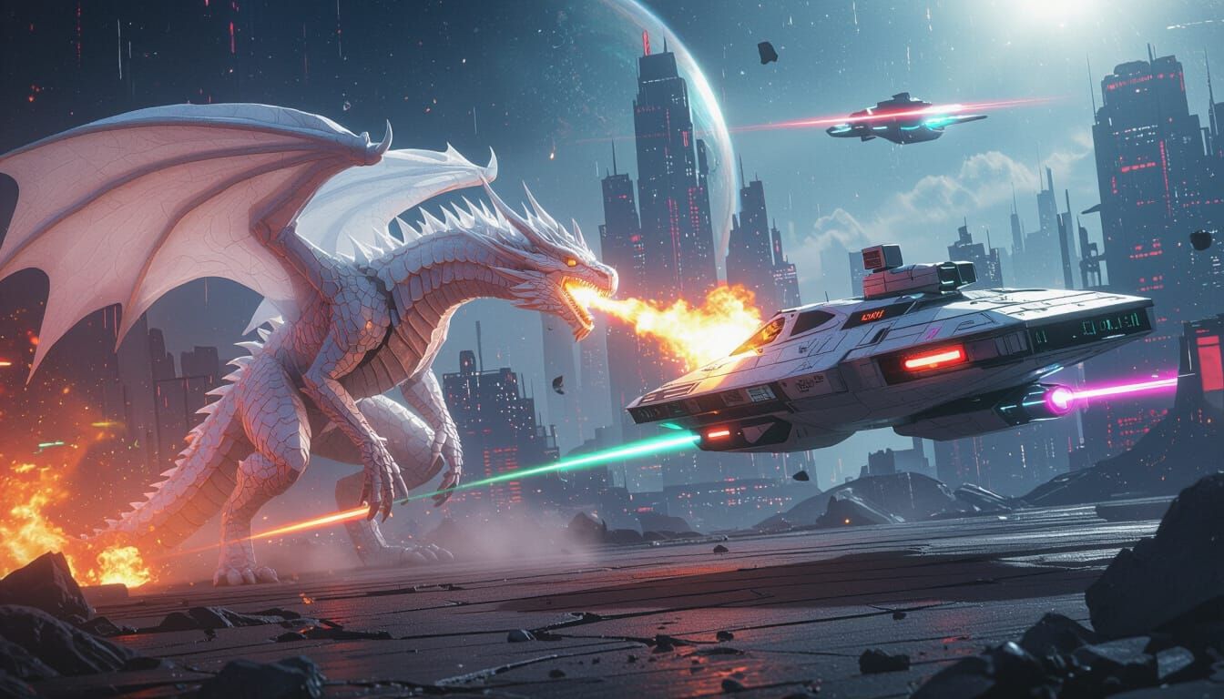 Chrome Dragon Battles Spaceship in Cyberpunk Setting