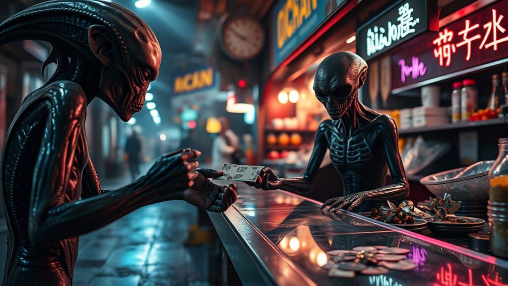 Futuristic Alien Night Market Transaction in Ultra-Photoreal...