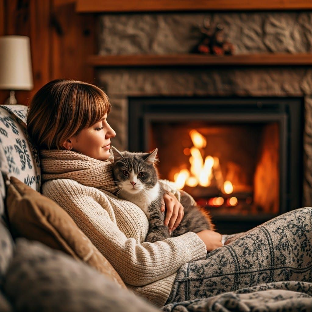 Cozy Woman and Cat by the Fireplace on a Snowy Night