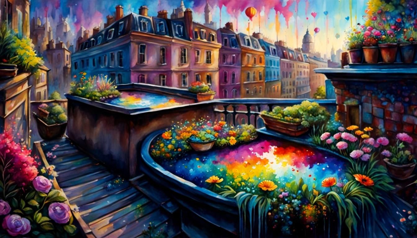 Rooftop Garden in Watercolor Street Art Style