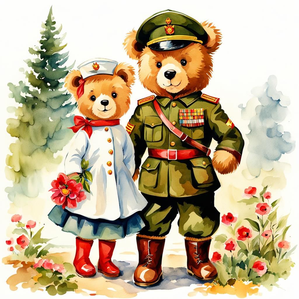Teddy Bear Military Couple in Watercolor Cartoon