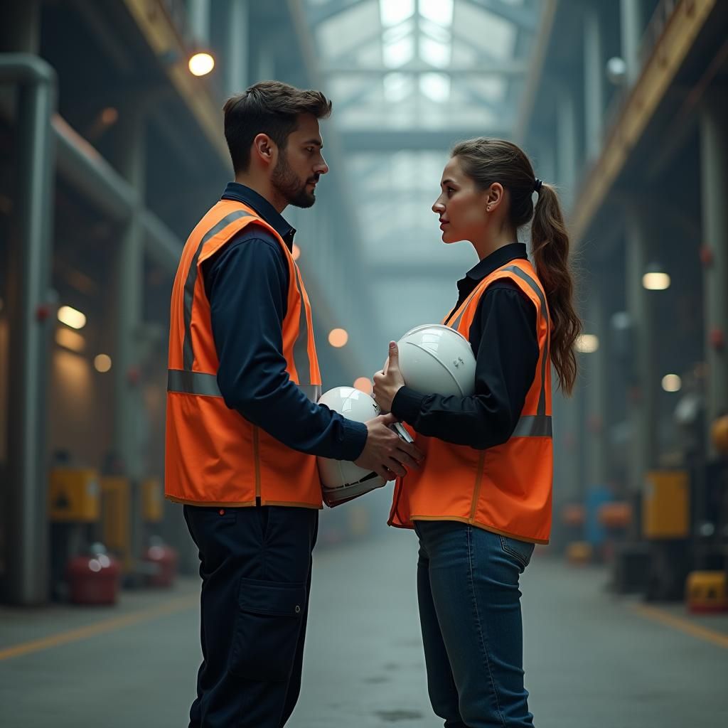 Engineers Chatting in Photorealistic Industrial Factory Sett...