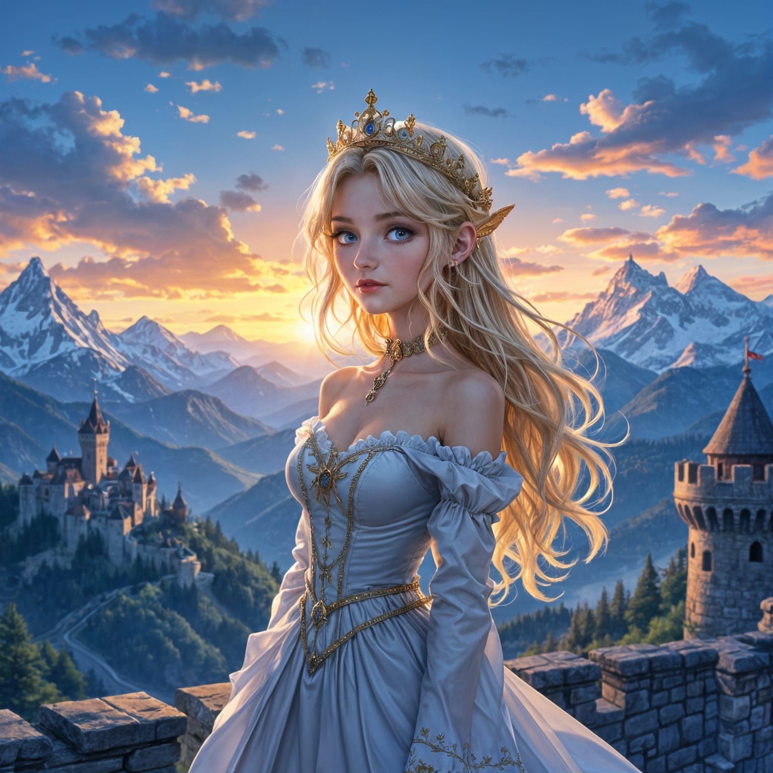 Anime Elf Princess at Castle Sunset, Detailed Eyes