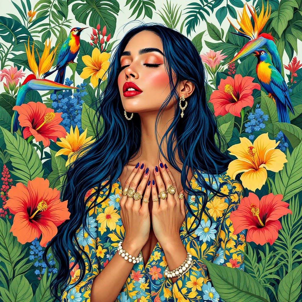 Bohemian Woman in Tropical Floral Paradise
