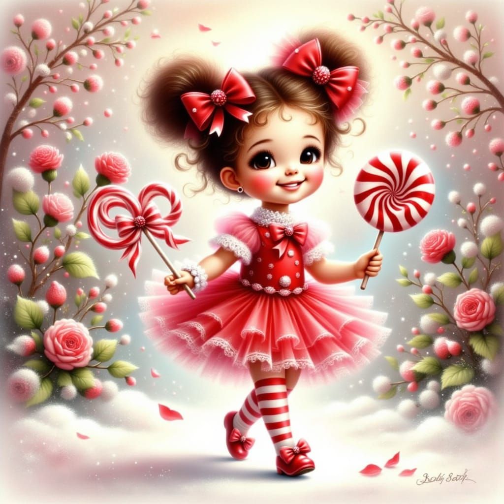 Whimsical Girl in Snowy Park With Candy Christmas Outfit