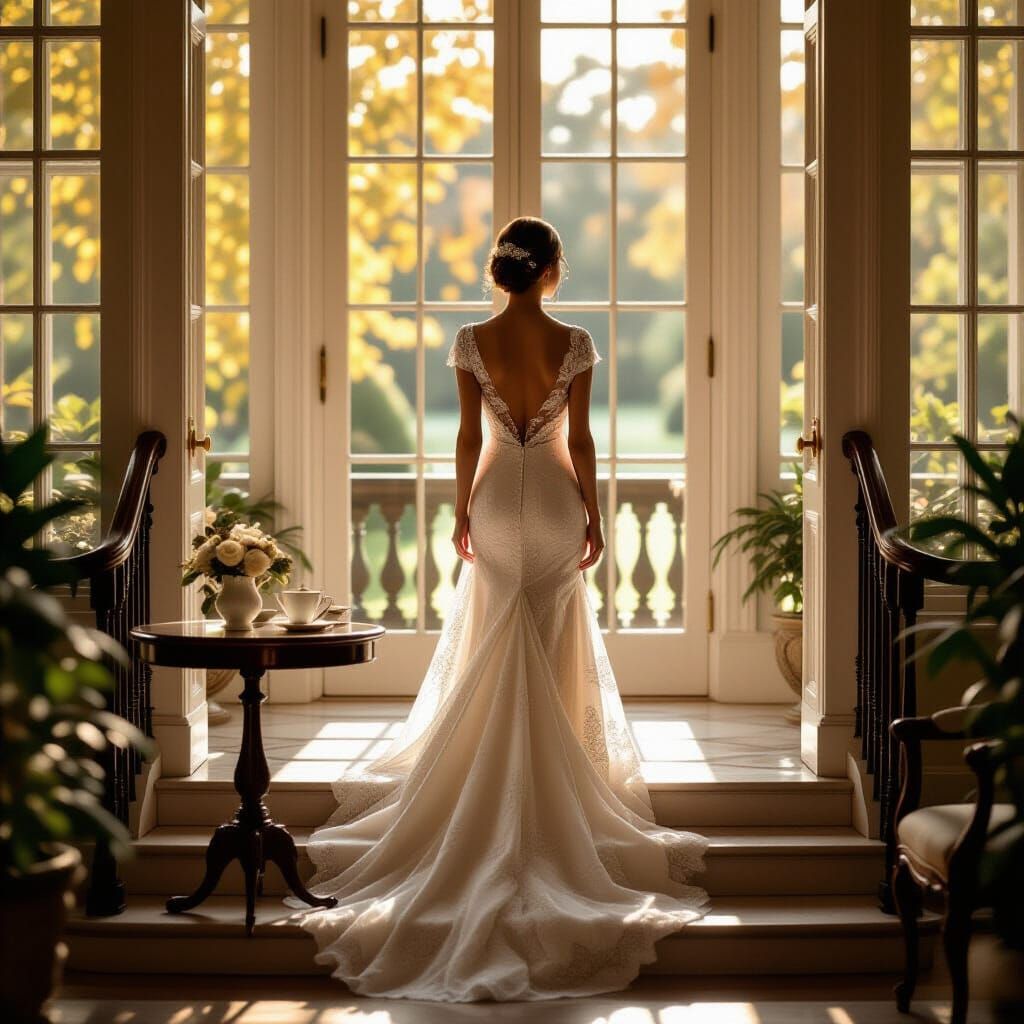 Elegant Lady Amara Descends to Sunroom in Amber Light