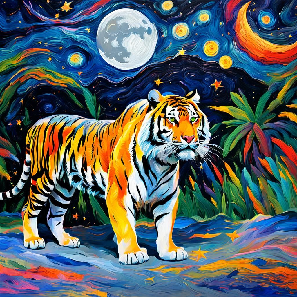 Abstract Colorful Tiger Exploring Jungle at Night