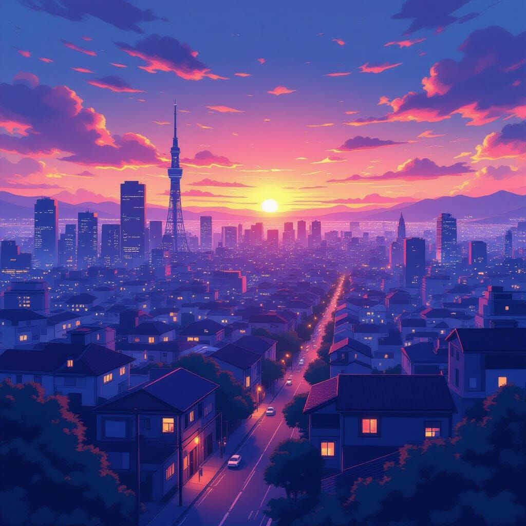 Serene Cityscape at Dawn in Cel-Shaded Manga Style