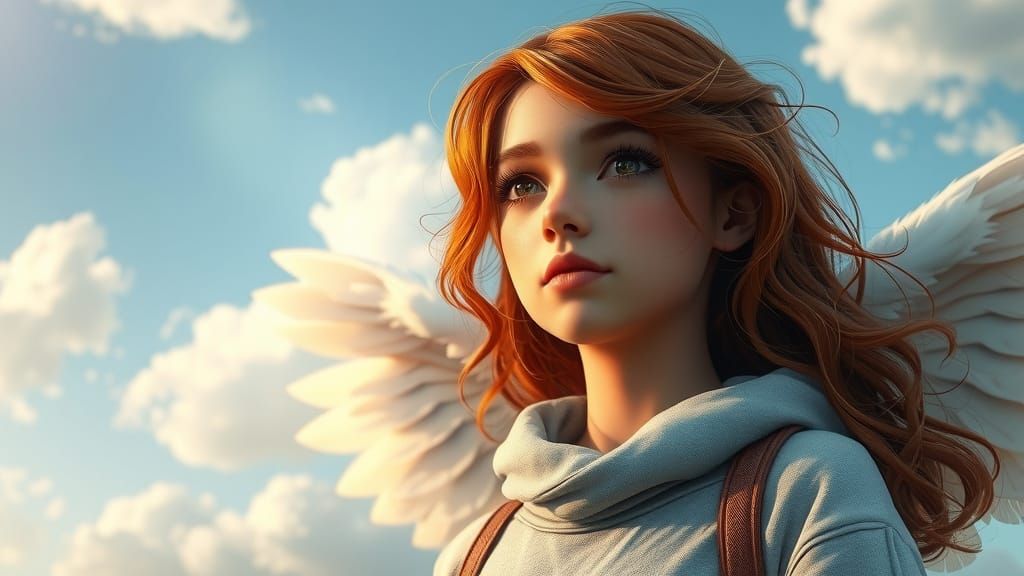 Teenage Girl with Angel in Digital Painting Style