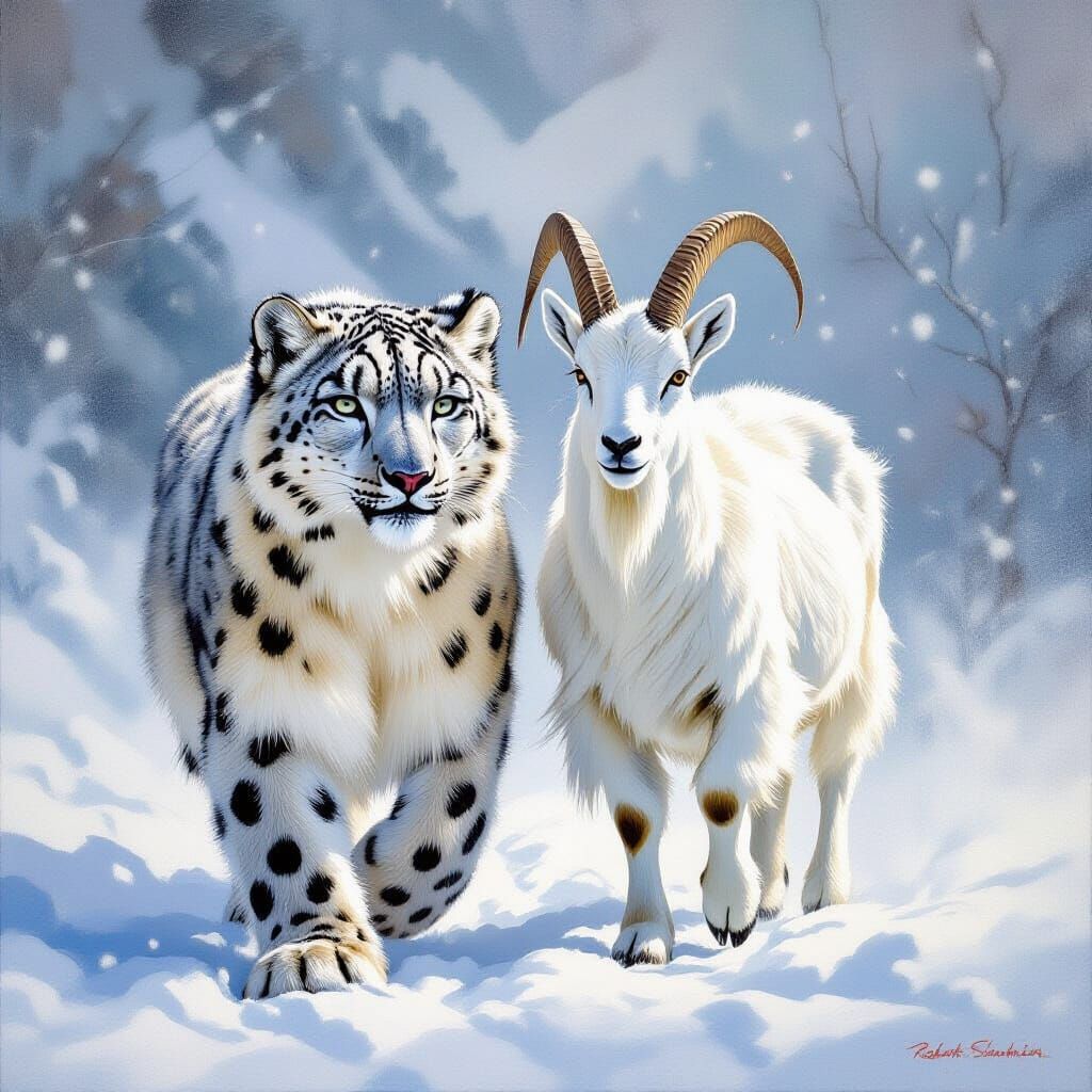 Snow Leopard and Goat Friends in Blizzard Oil Painting