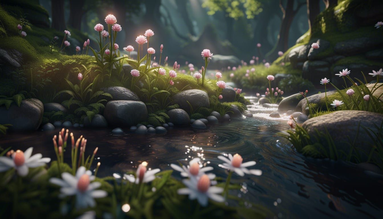 Forest Stream Flowers in 3D Game Style