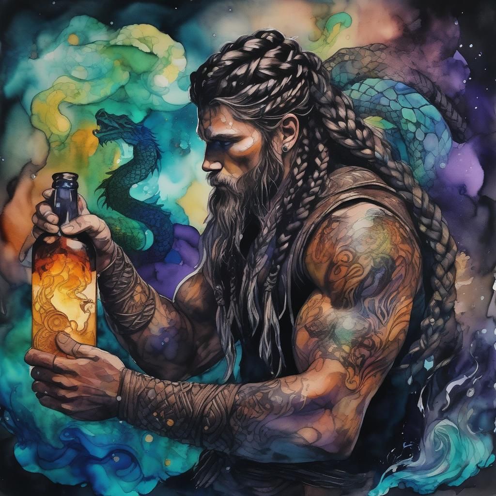 Mysterious Viking with Braids in Alcohol Ink Style