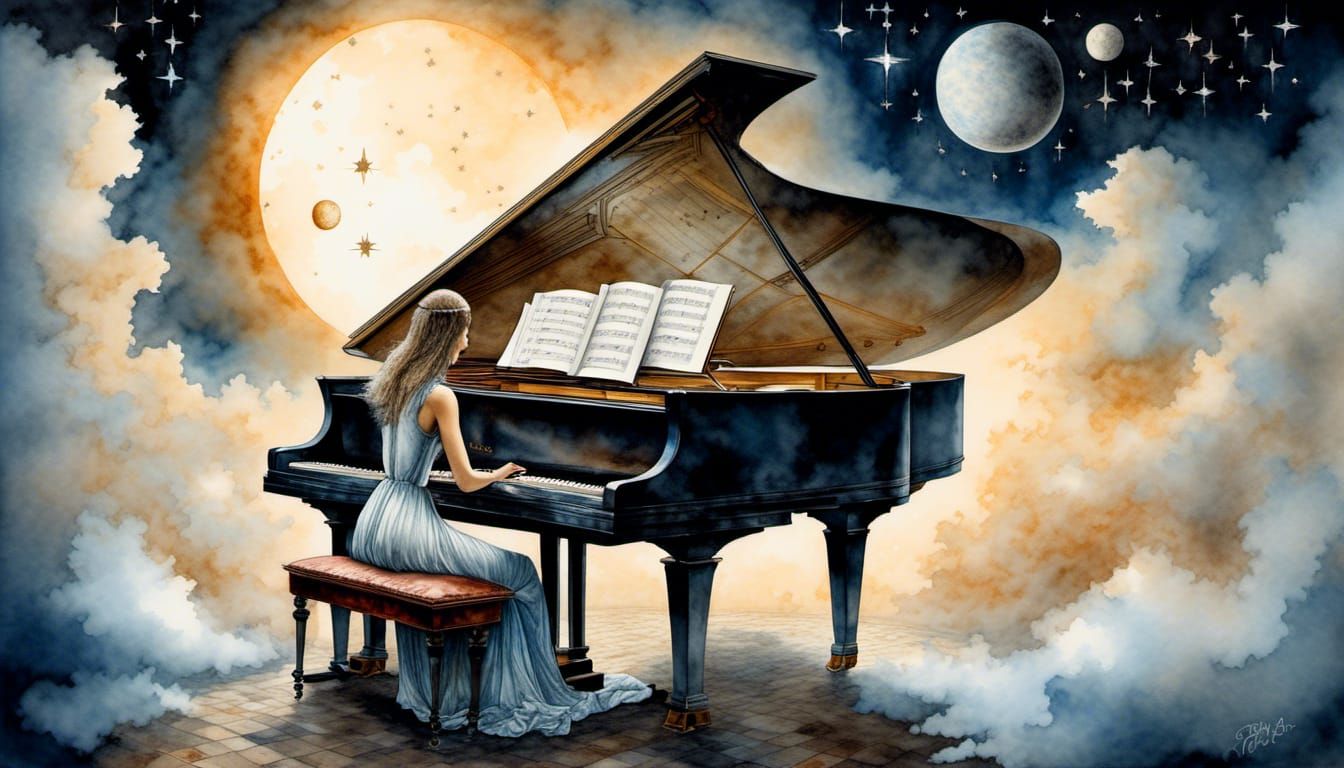 Woman Plays Piano in Space, Surreal Art
