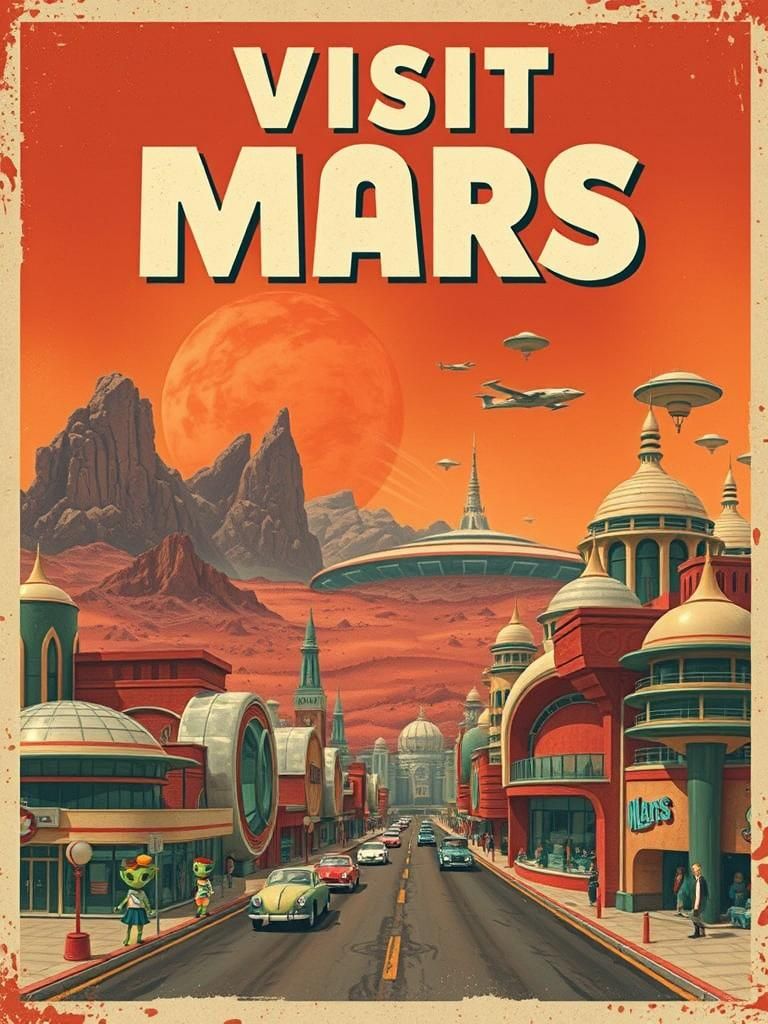 Retro-Futuristic Mars Travel Poster with Green Aliens