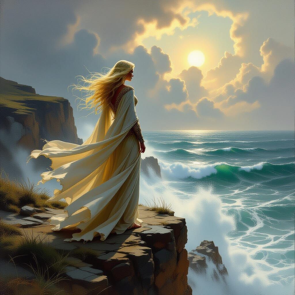 Regal Sorceress on Windswept Cliff Overlooking Sea