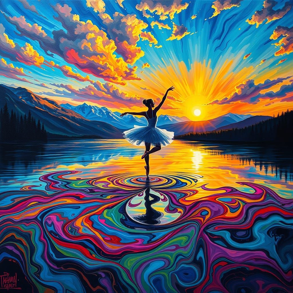 Ballerina in Vibrant Abstract Sunset Landscape