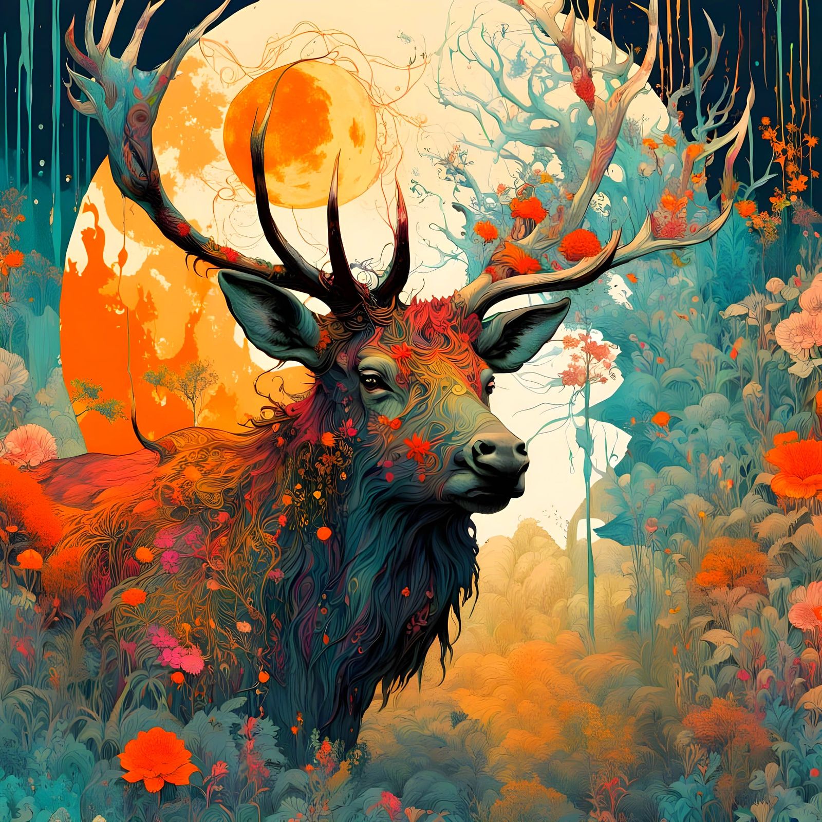 Majestic Floral Elk in Luminous Forest