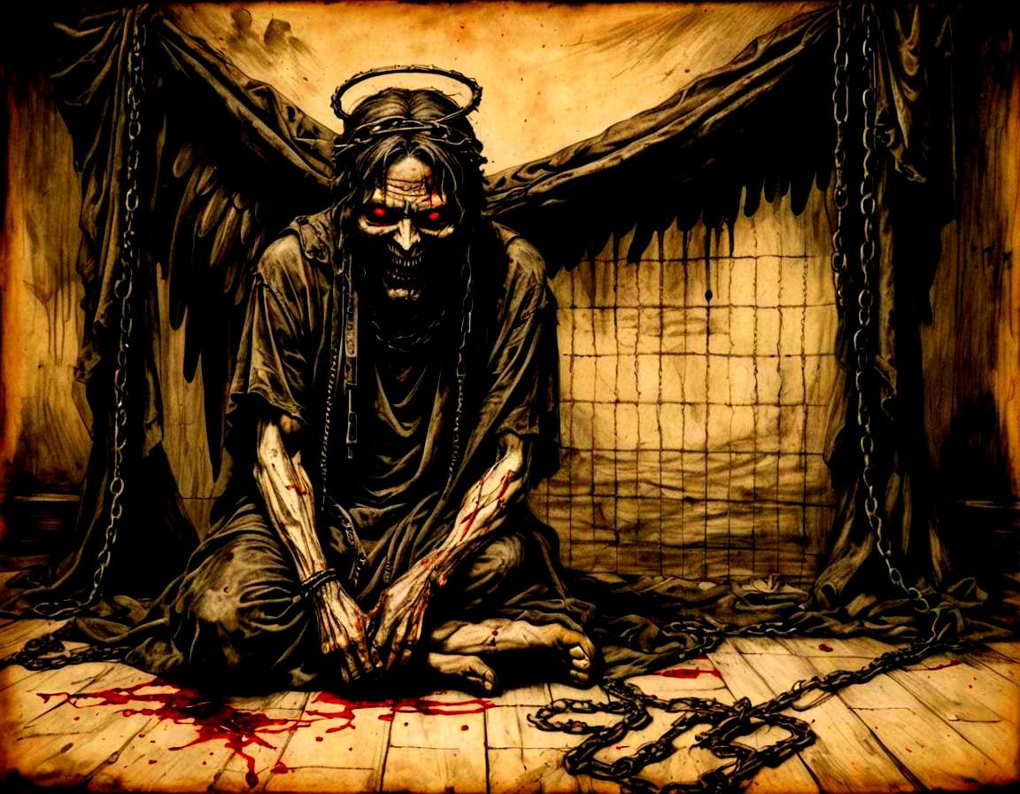 Fallen Angel in Chains: Hyperdetailed Charcoal Drawing