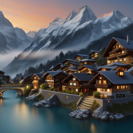 Scenic Swiss Alps Village Digital Matte Painting