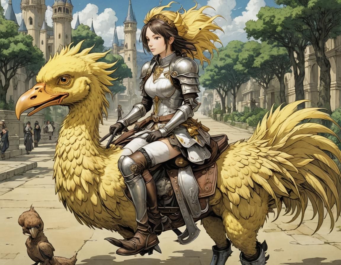 Knight Woman Riding a Chocobo in Anime Style
