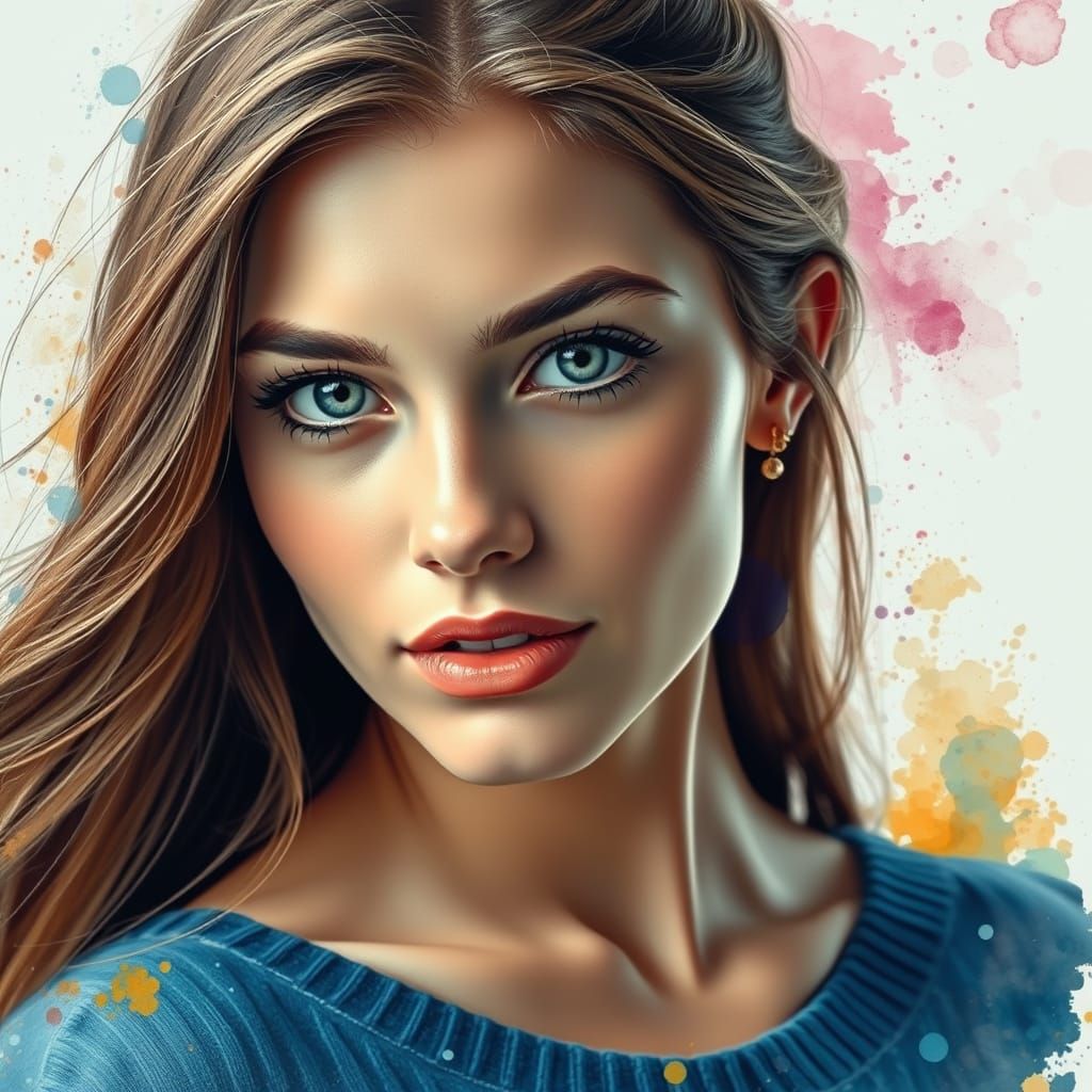 Expressive Portrait of Woman in Blue Sweater with Paint Spla...