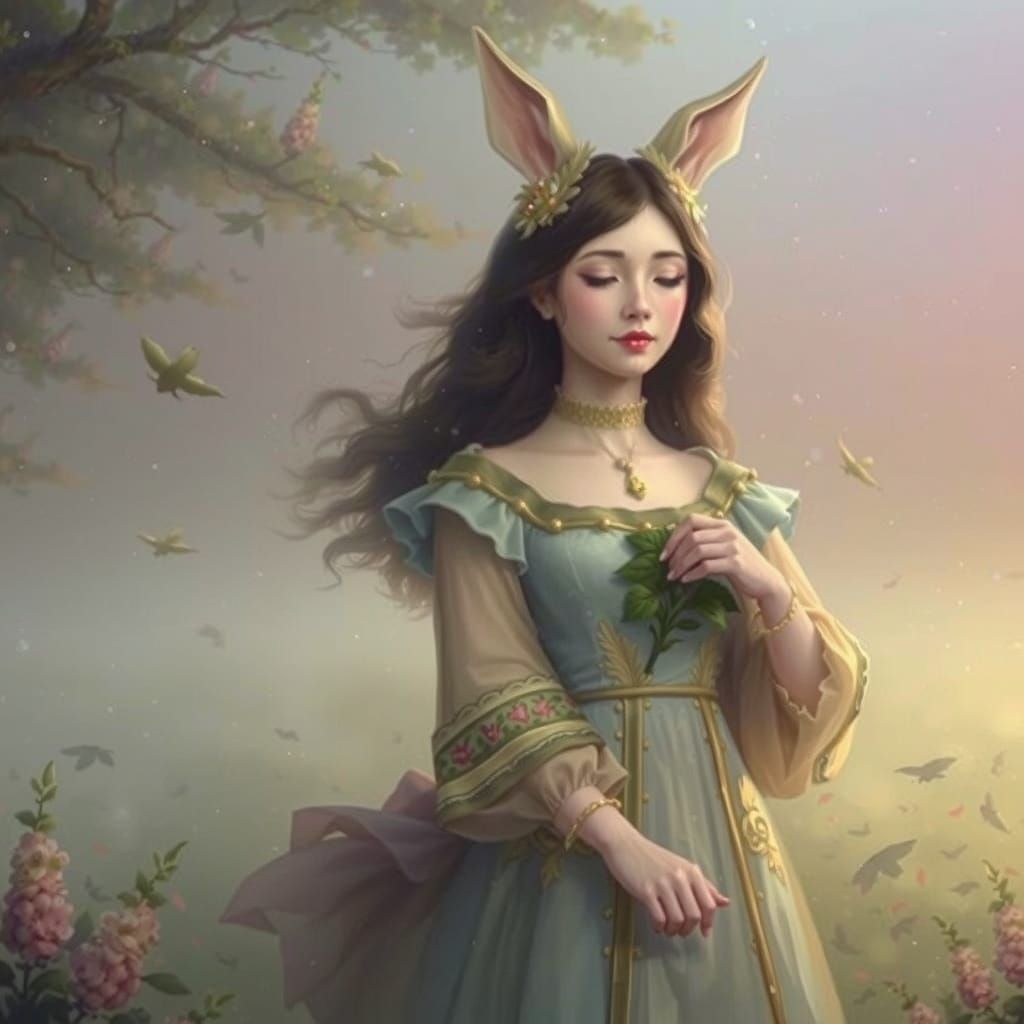 Cherry Blossom Fantasy with Rabbit-Eared Woman