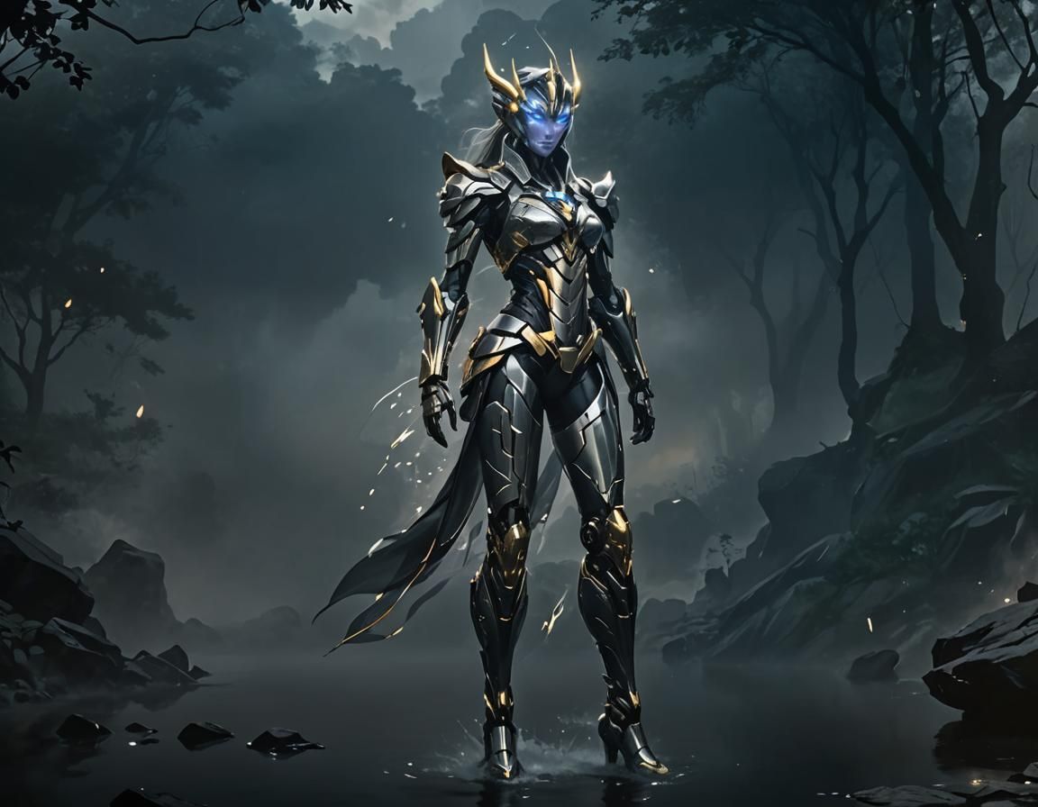 Cybertronian Emerges from Misty Riverbank in 3D Anime Art