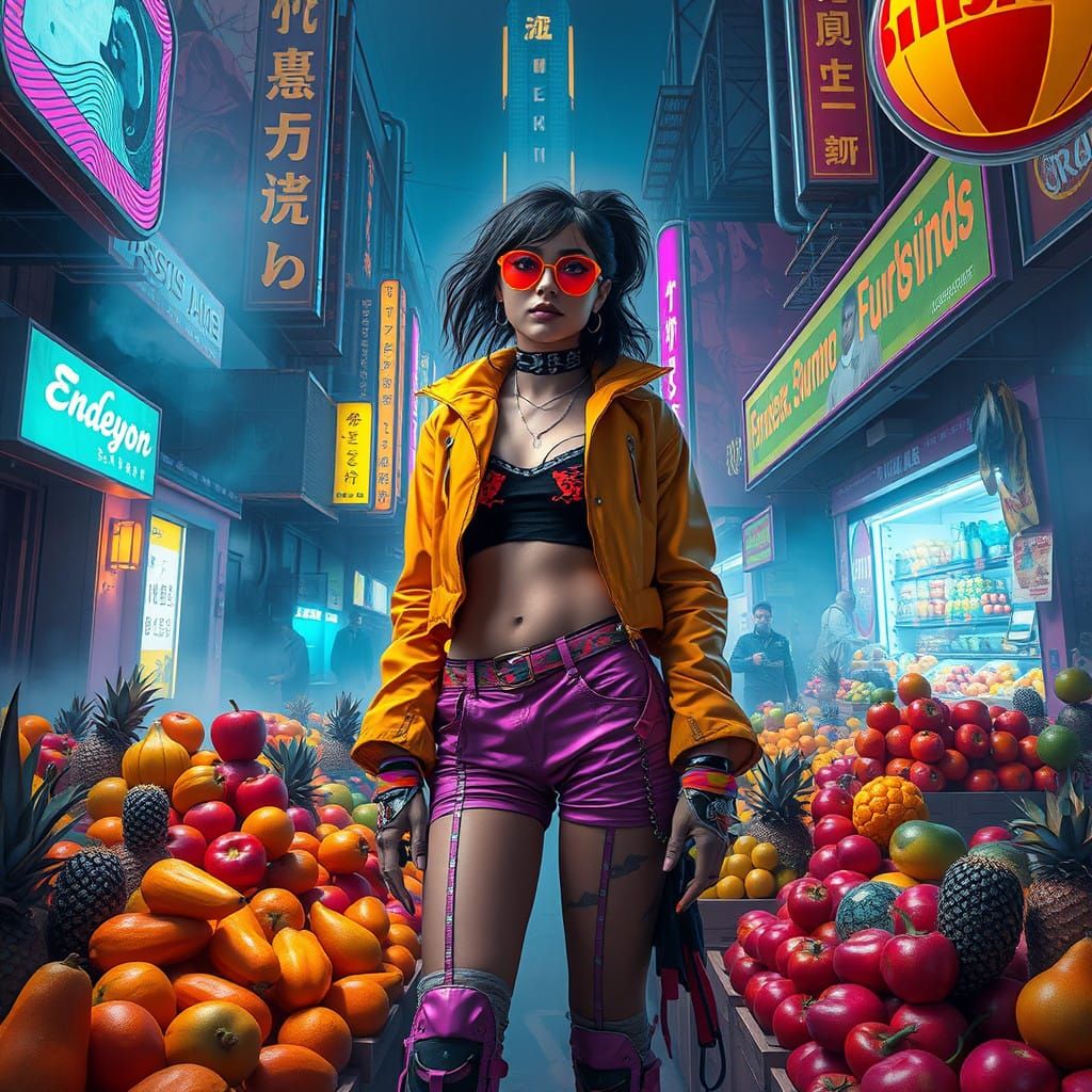 Lady in a Futuristic Marketplace of Neon Fruits