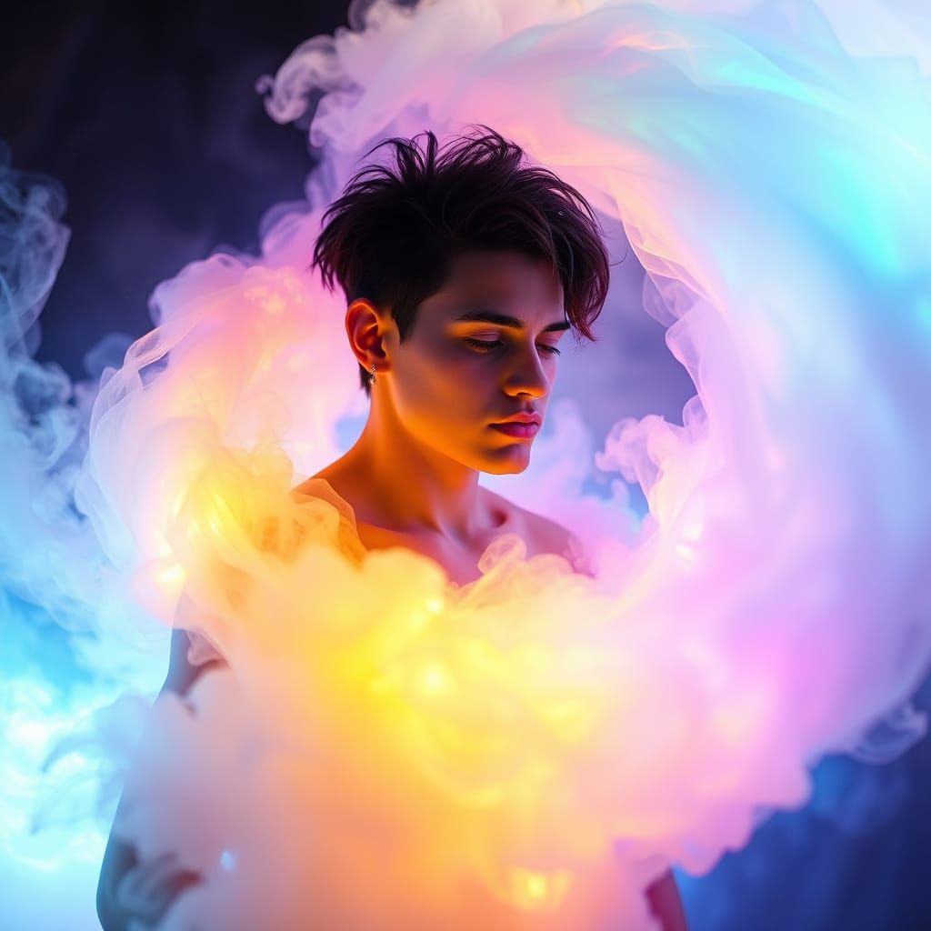 Cyberpunk Guitarist in Pearlescent Spectral Mist