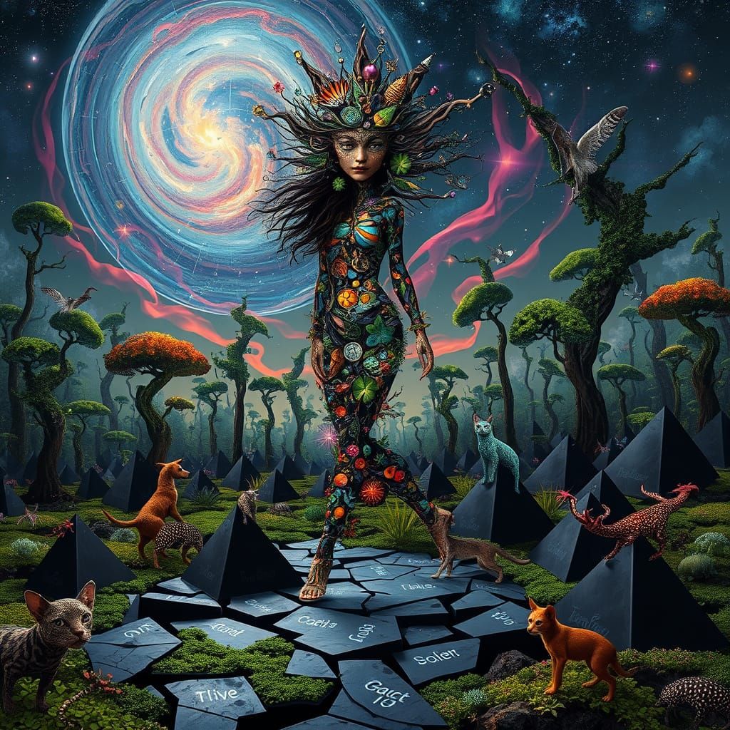 Mystical Woman Walking on Pyramids in Surreal Collage