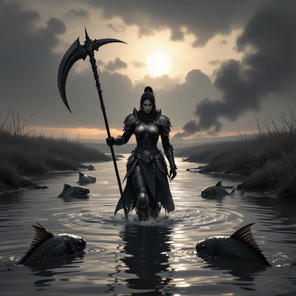 Lady Warrior Crossing Stream in Dark Souls Style