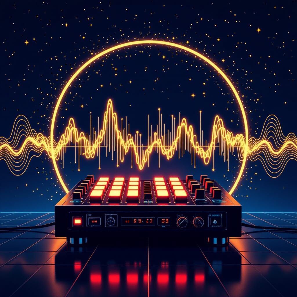 Retro 808 Drum Machine with Soundwaves in Futuristic Style