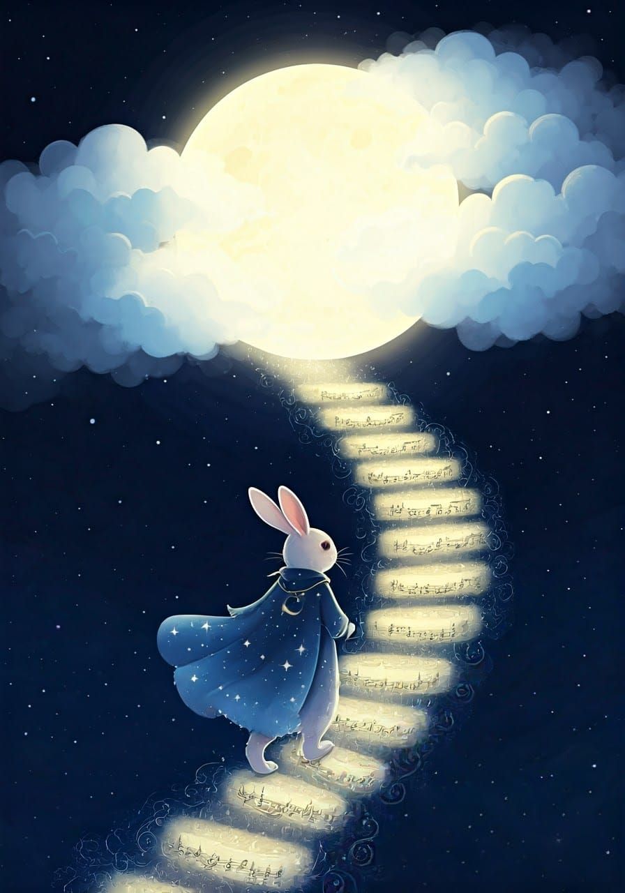 Rabbit Climbs to Moon on Musical Stairs, Whimsical Art
