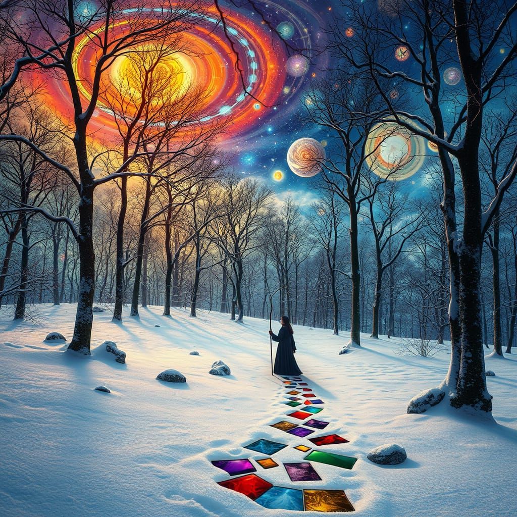 Stained Glass Forest Glade with Shaman Sculpture