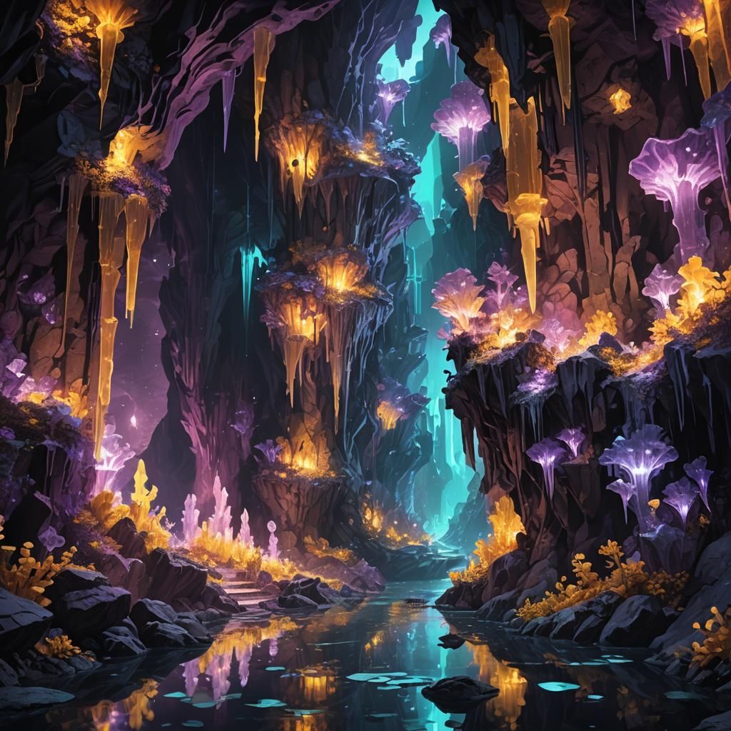 Mystic Cavern with Glowing Crystals: Dark Fantasy Art