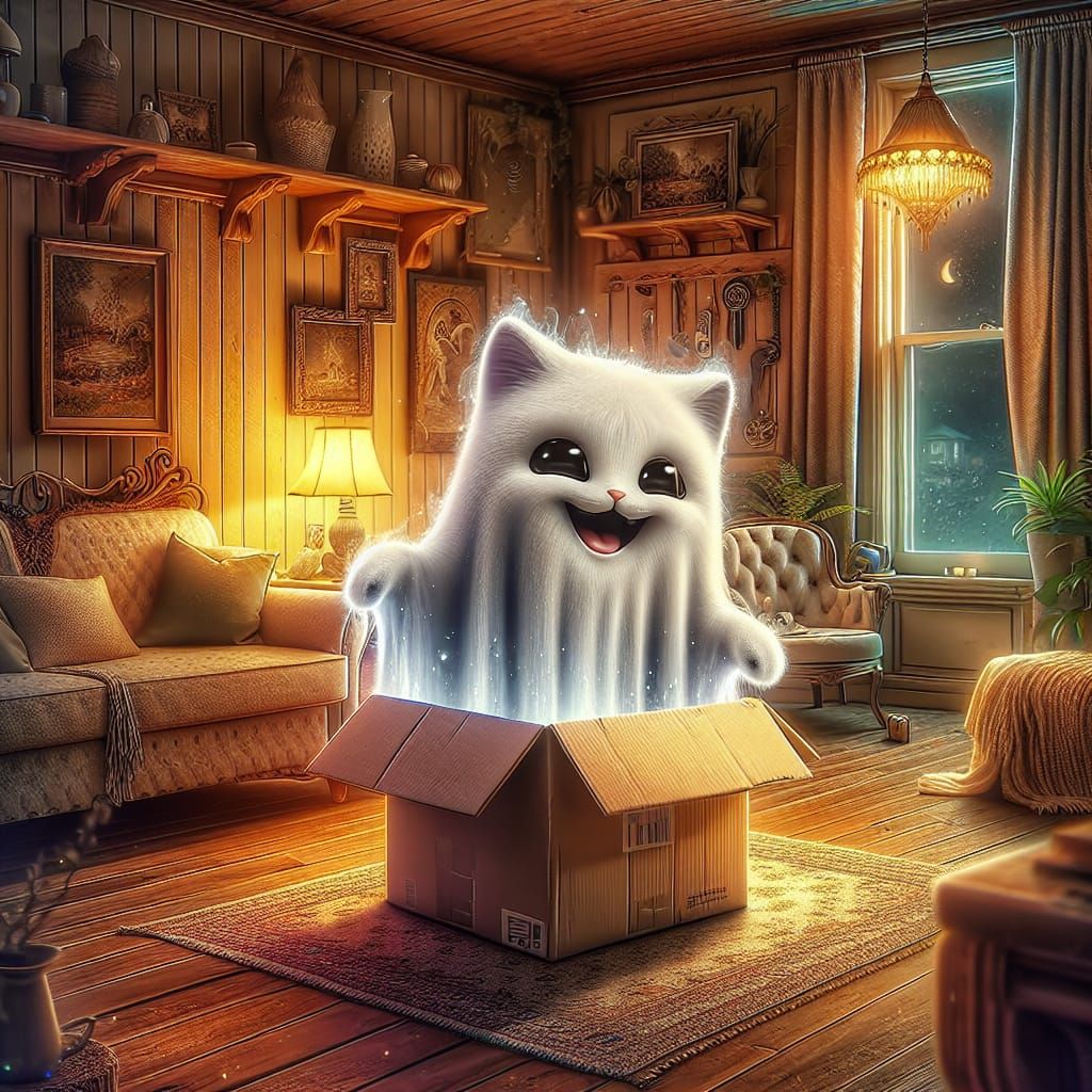 Ghost Cat Emerges in Cozy Room, Digital Matte Painting