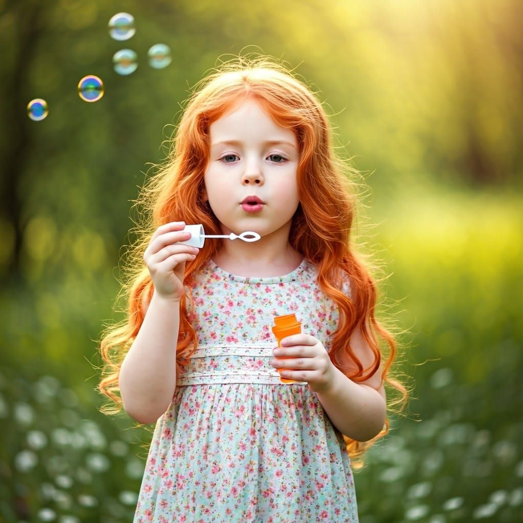 Red-Haired Girl Blowing Bubbles on Spring Afternoon